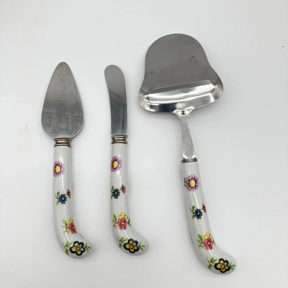 House of Prill Cheese Server Set 3-Pc Vintage Floral Porcelain Handles White